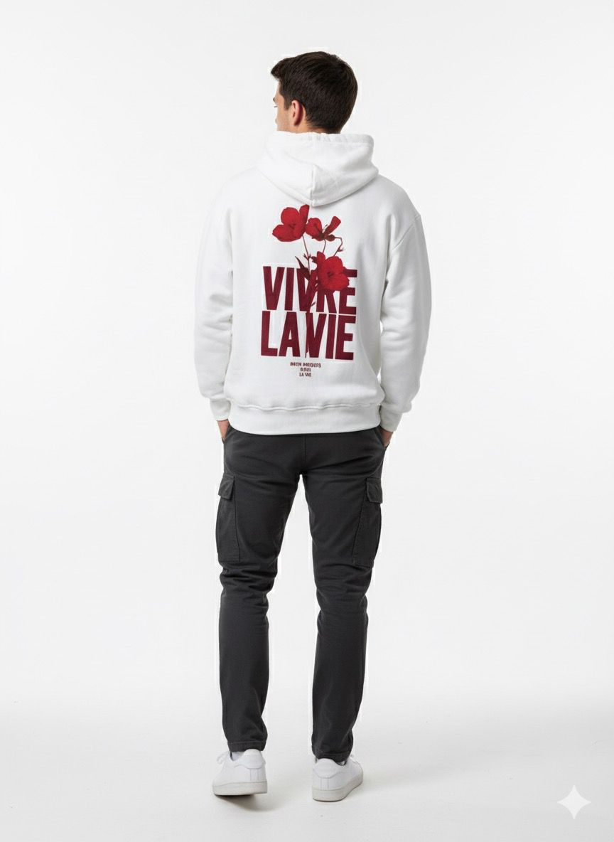 Vivre La Vie Beyaz Desenli Oversize Hoodie